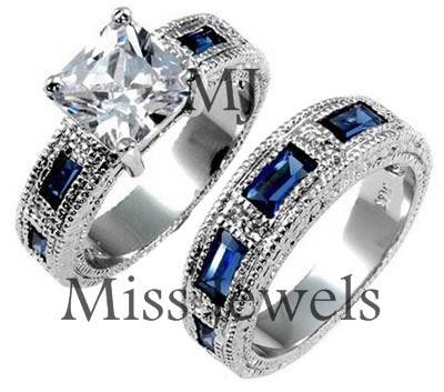 **SIMULATED BLUE SAPPHIRES & DIAMONDS**PRINCESS DONNA WEDDING AND ENGAGEMENT RING**